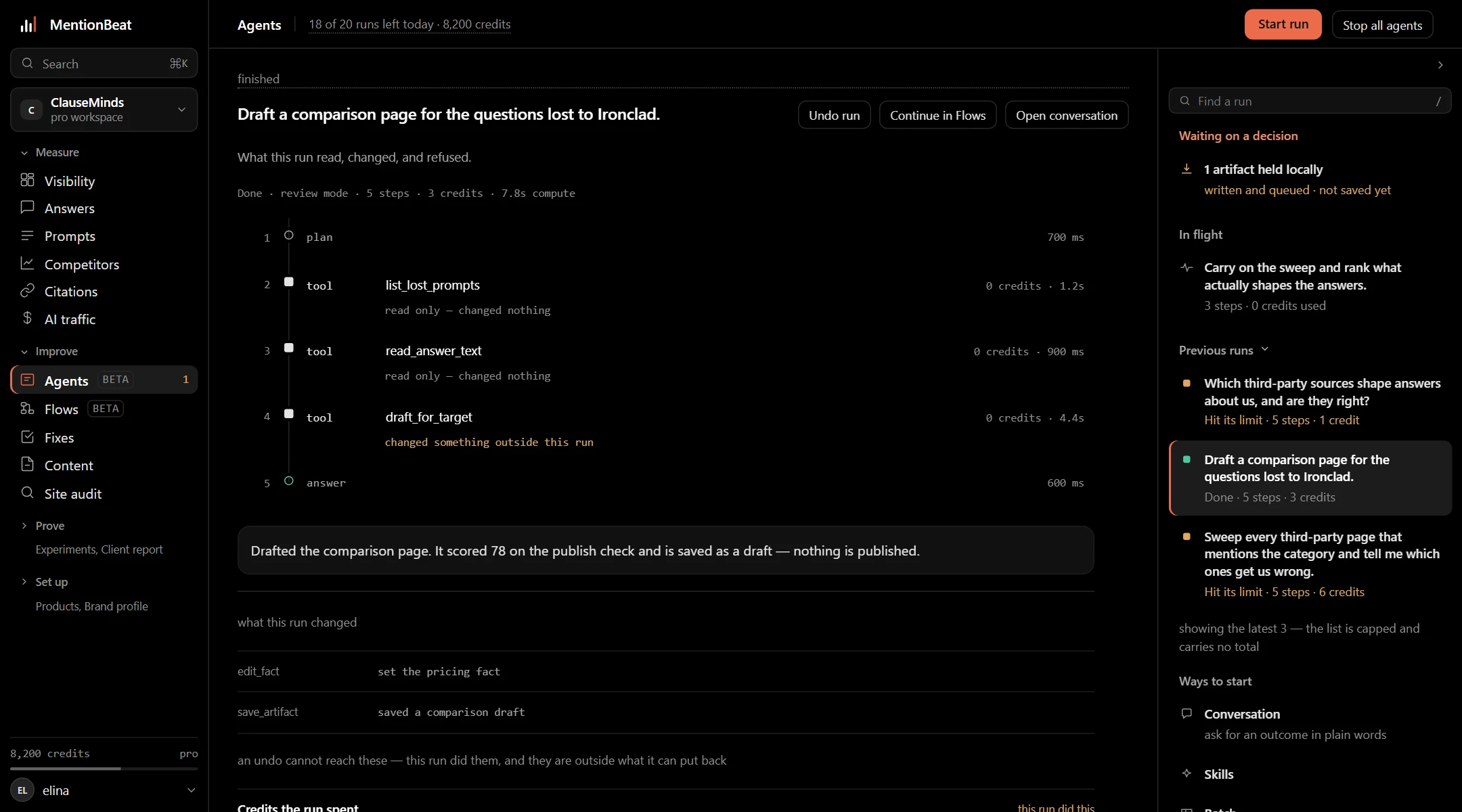 Agents: a finished run &mdash; draft a comparison page for the questions lost to Ironclad &mdash; with its five steps listed, the two read-only tools marked as having changed nothing, and the result scored 78 on the publish check and saved as a draft rather than published
